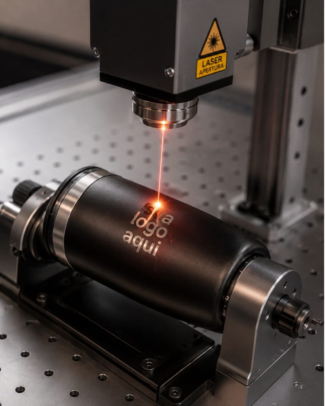 Máquina laser gravando logo em copo térmico